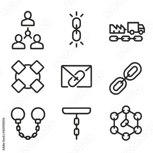 Chain Symbolism Icons. Outline icon set of chain symbolism and concepts: chain of command, chain reaction, supply chain,