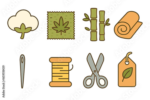 Eco-Friendly Fabrics Icons. Flat vector mini-illustrations eco-friendly clothing materials in colors