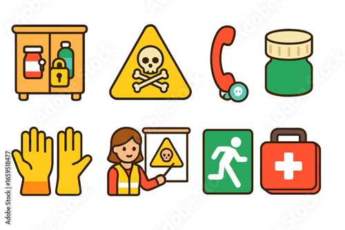 Poison Prevention Icons. Flat vector mini-illustrations poisoning prevention in colors children's illustrations: locked cabinet,