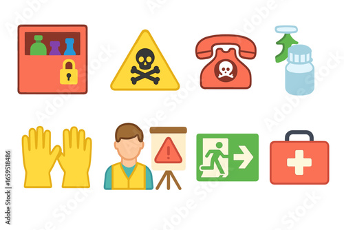 Poison Prevention Icons. Flat vector mini-illustrations poisoning prevention in colors children's illustrations: locked cabinet,