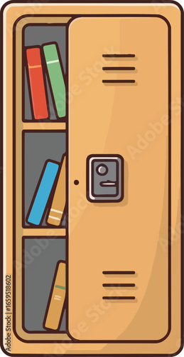 An open school locker with colorful books neatly stacked on its internal shelves, ready for student use.