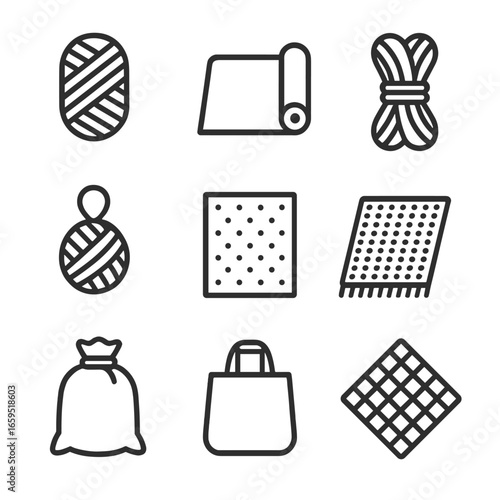 Polypropylene Fibers Icons. Outline icon set of polypropylene fibers and textiles: yarn, fabric roll, rope, twine, nonwoven sheet,