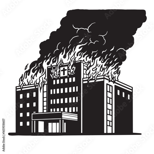 Black and white illustration depicting a burning hospital building with flames and smoke