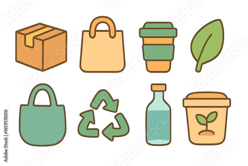 Eco-Friendly Packaging Icons. Flat vector mini-illustrations eco-friendly packaging design in colors