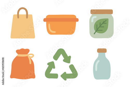 Eco-Friendly Packaging Icons. Flat vector mini-illustrations reducing packaging waste in colors children's