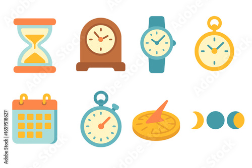 Precious Time Icons. Flat vector mini-illustrations precious time in colors children's illustrations: hourglass, antique clock,