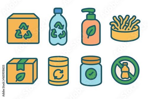 Eco-Friendly Packaging Icons. Flat vector mini-illustrations of recycled beauty packaging in colors children's