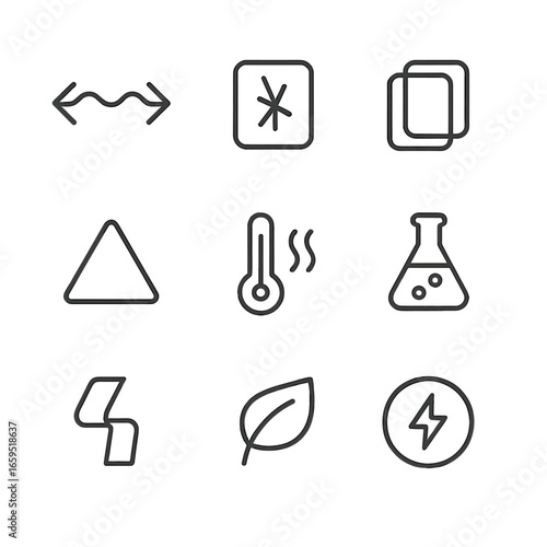 Polymer Properties Icons. Outline icon set of polymer properties: elasticity, toughness, transparency, rigidity, thermal