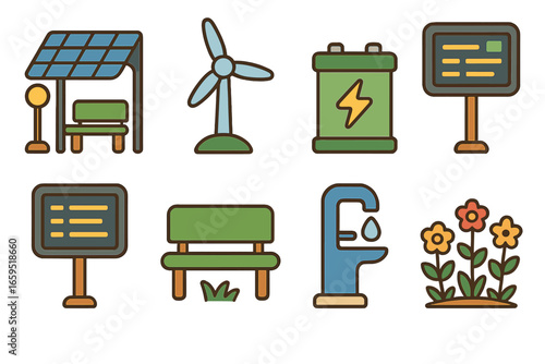 Eco-Friendly Transit Icons. Flat vector mini-illustrations Renewable-powered transit stops in colors