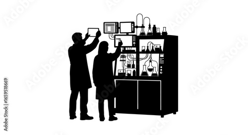 Silhouetted scientists in lab coats examining complex equipment and screens, conducting research.