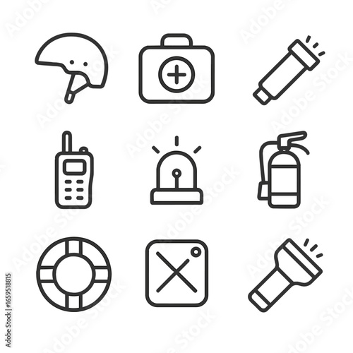 Raft Safety Gear Icons. Outline icon set of raft safety gear: helmet, first aid kit, flare, radio, emergency beacon, fire