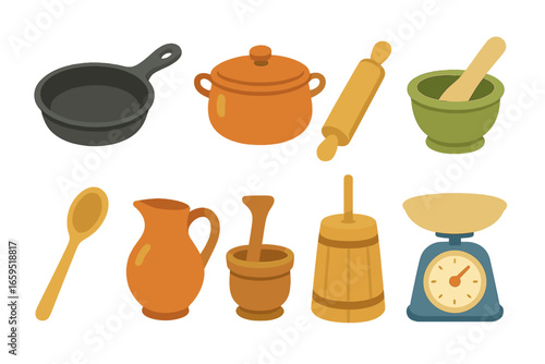 Classic Kitchenware Icons. Flat vector mini-illustrations classic kitchenware in colors children's illustrations: cast iron