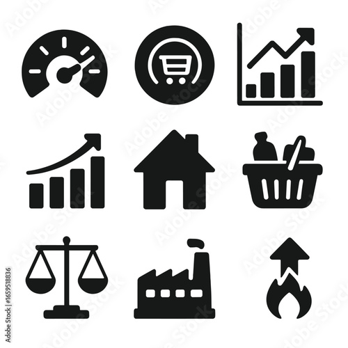 Economic Indicators Icons. Solid, filled icons set of economic indicators: interest rate gauge, CPI icon,