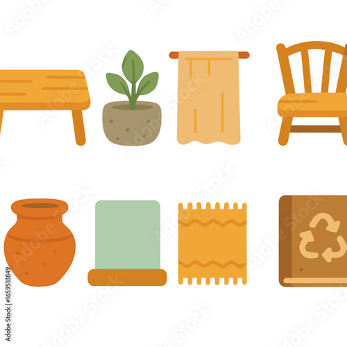 Eco-Friendly Work Essentials. Flat vector mini-illustrations natural materials in workplace in colors children