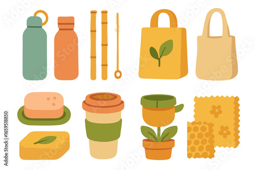 Eco-Market Icons. Flat vector mini-illustrations eco-market items in colors children's illustrations: reusable