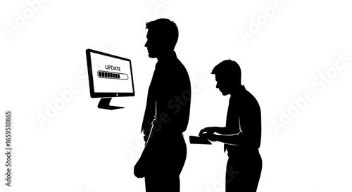 Two figures, one adult and one child, observe a computer screen displaying a loading bar, likely representing a digital process.