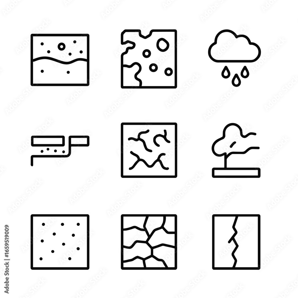 Rust Types Icon Set. Outline icon set of rust types: surface rust, scale rust, pitting rust, crevice rust, filiform rust,