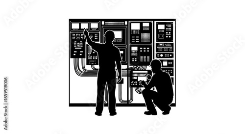 Two technicians working on a complex control panel, adjusting and monitoring systems.