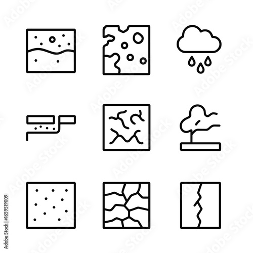 Rust Types Icon Set. Outline icon set of rust types: surface rust, scale rust, pitting rust, crevice rust, filiform rust,