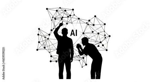 Silhouetted figures interact with a network graphic representing AI, one pointing up and the other examining it closely.