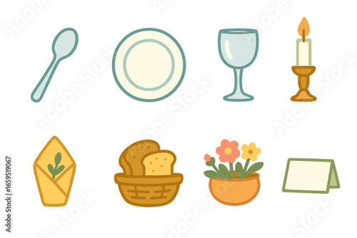 Elegant Table Icons. Flat vector mini-illustrations elegant table setting in colors children's illustrations: