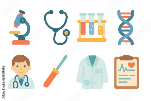 Colorful Children's Icons. Flat vector mini-illustrations medical research in colors children's illustrations: microscope,