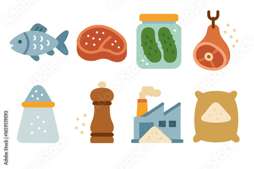 Salted Delicacies Illustrated. Flat vector mini-illustrations salt in food industry in colors children's illustrations: salted