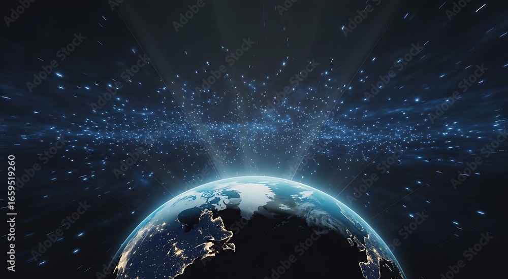 Fototapeta premium Planet Earth Emerging from a Sparkling Galaxy Cosmic Scene with City Lights and Atmosphere Glow