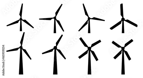 Eight wind turbine silhouettes in various positions, arranged in two rows on a white background.