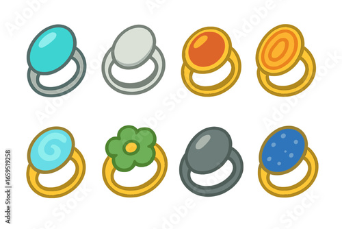 Colorful Gemstone Rings. Flat vector mini-illustrations semi-precious rings in colors children's illustrations: turquoise silver
