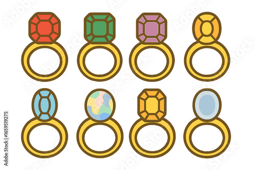 Colorful Gemstone Rings. Flat vector mini-illustrations gemstone engagement rings in colors children's illustrations: ruby ring,