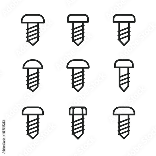 Screw Materials Icons. Outline icon set of screw materials: stainless steel screw, brass screw, aluminum screw, titanium screw,