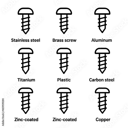 Screw Materials Icons. Outline icon set of screw materials: stainless steel screw, brass screw, aluminum screw, titanium screw,
