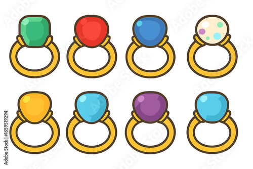 Colorful Gemstone Rings Grid. Flat vector mini-illustrations gemstone rings in colors children's illustrations: emerald ring, ruby