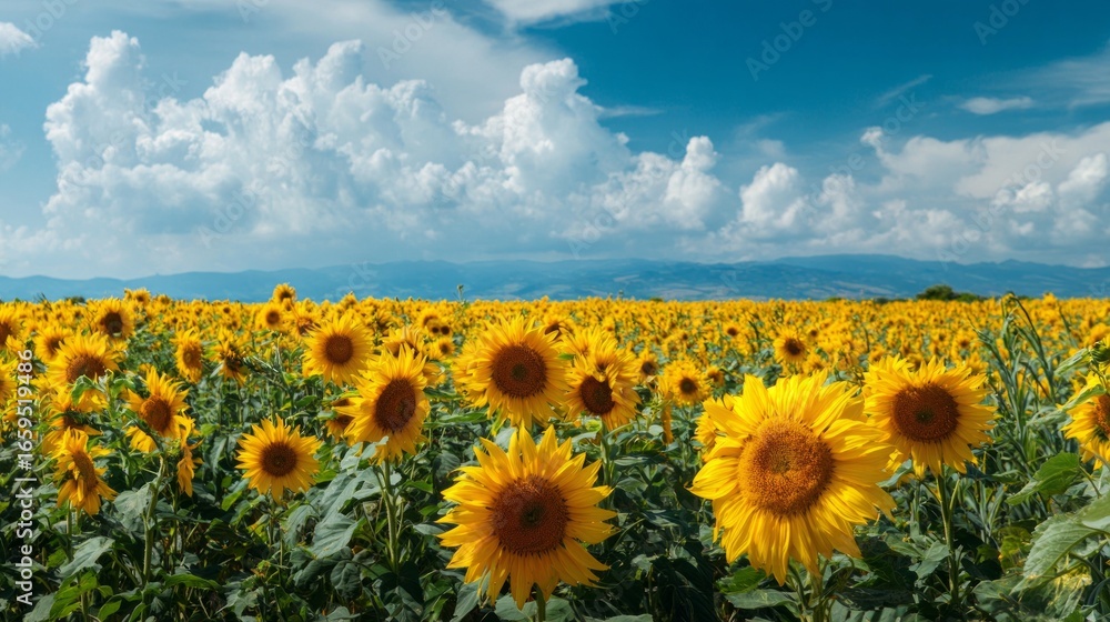Obraz premium A vibrant panorama of a sunflower field basking under a brilliant blue sky dotted with fluffy clouds, creating a scene of serene beauty.