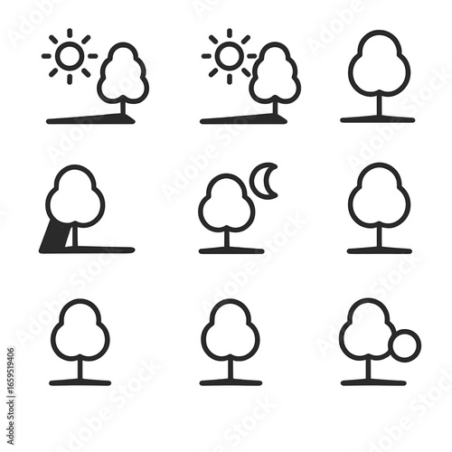 Shade Zone Icons. Outline icon set of shade zones: sunlit zone, partial shade, full shade, shadow edge, cool shade, warm shade,