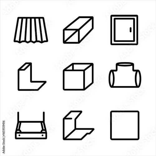 Sheet Metal Icons. Outline icon set of sheet metal products: metal panel, duct, enclosure, bracket, metal box, pipe fitting,