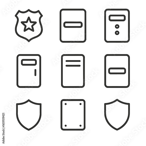 Shield Icon Set. Outline icon set of shield uses in law enforcement: police badge shield, riot shield, ballistic shield, tactical