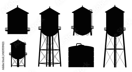 Collection of various water tower silhouettes, showcasing different designs and perspectives.