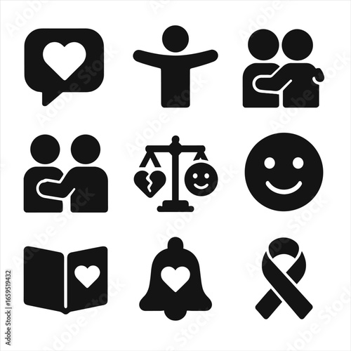 Emotional Support Icons. Solid, filled icons set of emotional support between peers: heart and chat bubble,