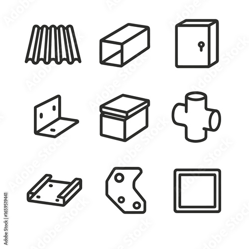Sheet Metal Icons. Outline icon set of sheet metal products: metal panel, duct, enclosure, bracket, metal box, pipe fitting,