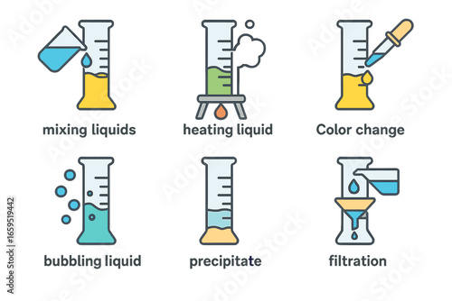 Colorful Lab Experiments. Flat vector mini-illustrations graduated cylinder lab experiments in colors children's illustrations: