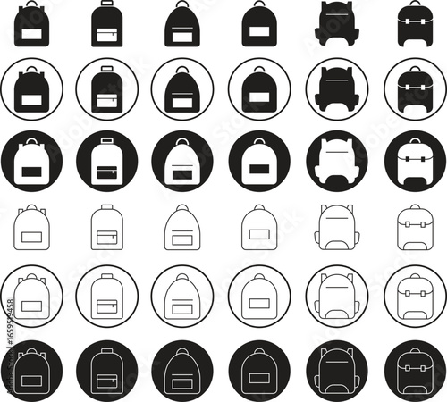 School bag icons set in flat and line styles. Collection and group of backpack, rucksack, satchel, bookbag, luggage, student pack, travel case, education accessory and school supply symbols.