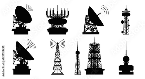 Silhouette illustration of various communication towers and satellite dishes against a white background.