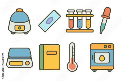 Colorful Lab Tools. Flat vector mini-illustrations lab tools in colors children's illustrations: centrifuge, microscope slide,