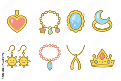 Enchanted Jewelry Icons. Flat vector mini-illustrations Enchanted jewelry in colors children's illustrations:
