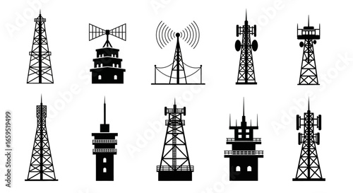 Silhouette illustrations of various telecommunication towers.