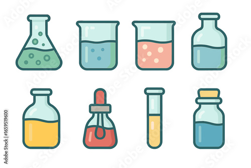 Colorful Liquid Types Icons. Flat vector mini-illustrations liquid types in colors children's illustrations: acid solution, base