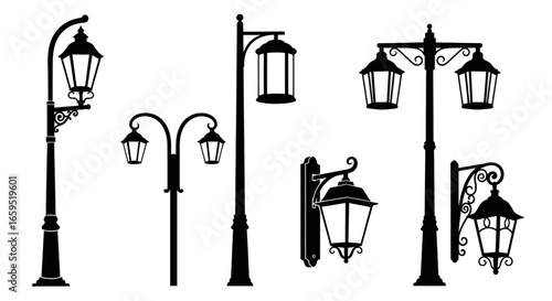 Silhouette illustration of various vintage-style street lamps and wall-mounted lanterns, showcasing different designs and shapes.