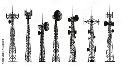 Silhouettes of various telecommunication towers against a white background.